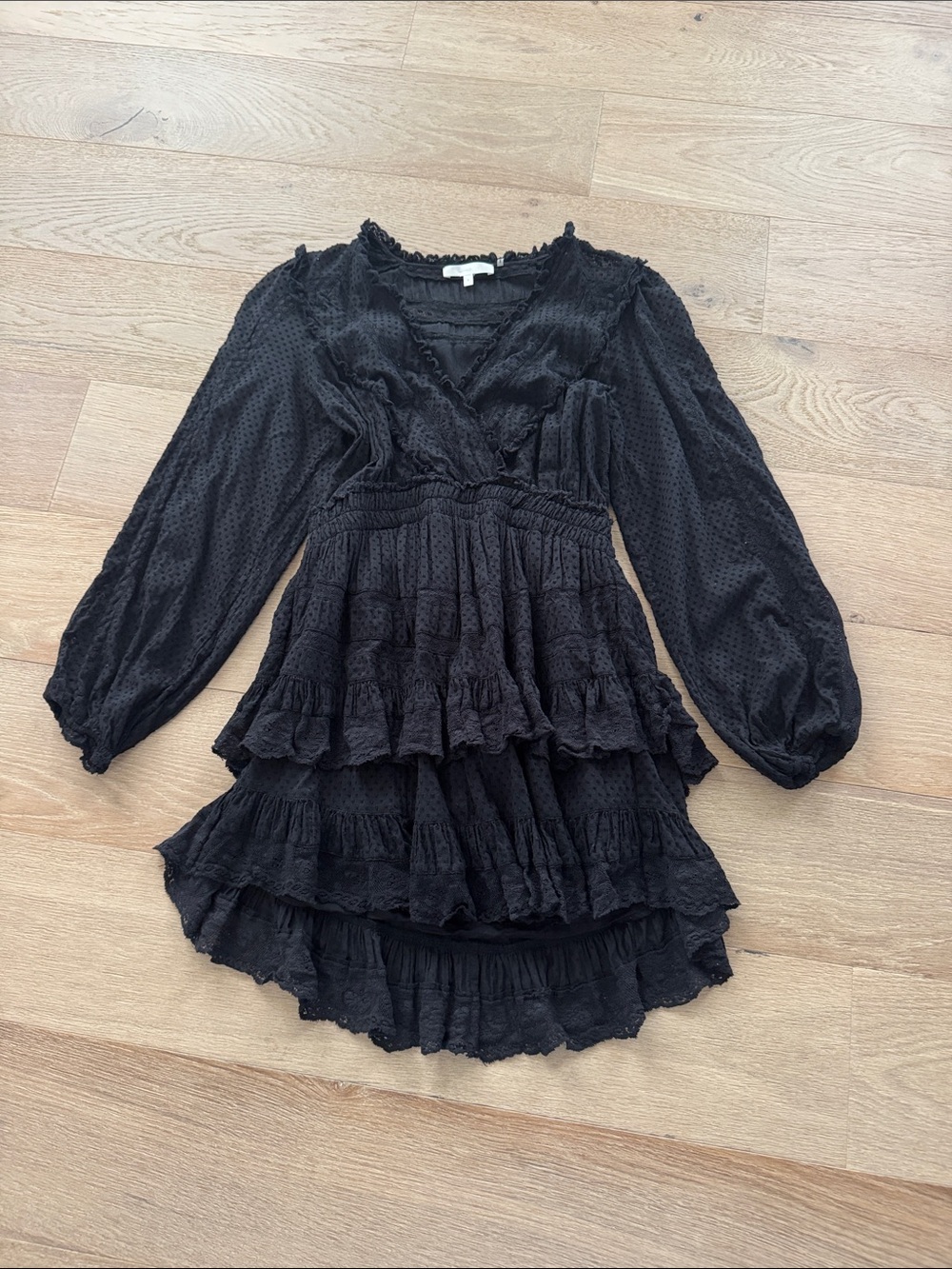 LoveShackFancy Black Lace Trim long sleeve dress